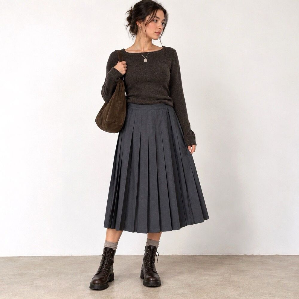 Vintage Betty Z Pleated Midi Skirt XL Gray Wool Blend Dark Academia Preppy 90s